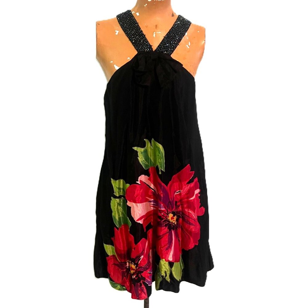 Womens Nolita Black Floral Applique Beaded Swing Trapeze Dress Large NEW Y2K
